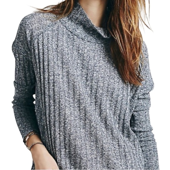 Free People Clarissa Blue-Gray Ribbed Mock Neck Sweater - Picture 1 of 6